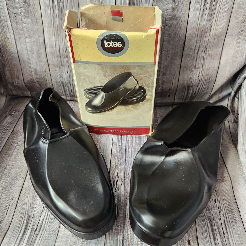 Totes Mens Rubber Loafer Rain Covers Overshoe Black Geometric Medium 8.5-9.5 NIB